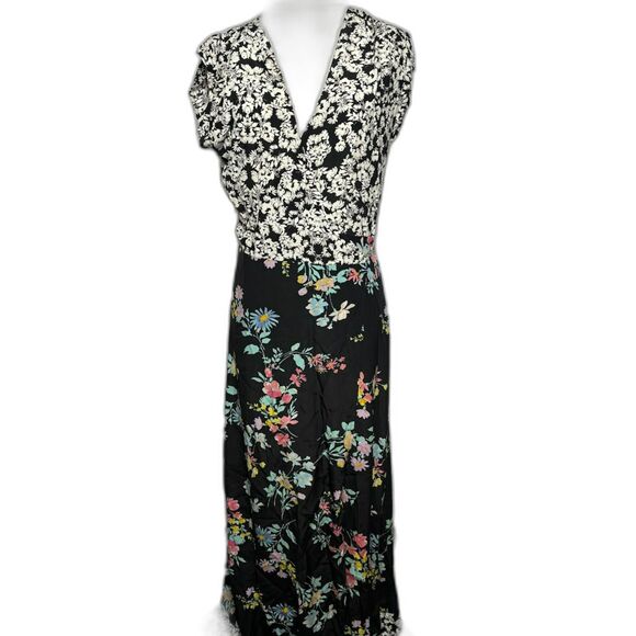 Yumi Kim Black Mixed Floral Maxi Wrap Dress Large 100% silk maximalist femme - Picture 1 of 4